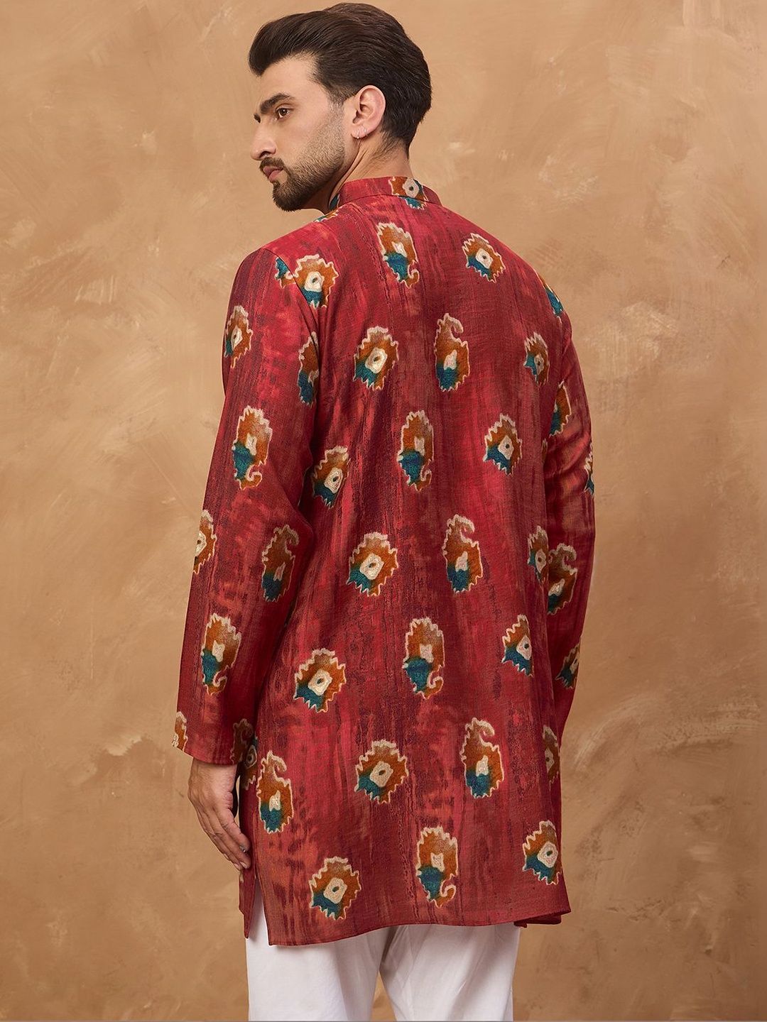 Ethnic Bay Men Red Viscose Rayon Ethnic Motifs Printed Straight Kurta With Pant Set-MKSET1544
