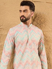 Ethnic Bay Men Multicolour Viscose Rayon Geometric Embroidered Straight Kurta With Pant Set-MKSET1193