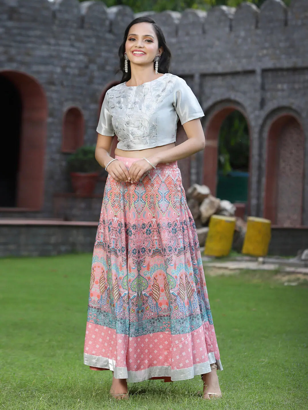 Women's Pink Poly Muslin Embroidered Flared Lehenga Choli