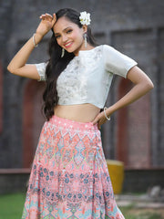 Women's Pink Poly Muslin Embroidered Flared Lehenga Choli
