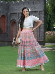 Women's Pink Poly Muslin Embroidered Flared Lehenga Choli