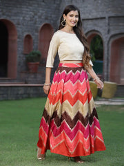 Women`s Coral Silk Crepe Printed Flared Lehenga Choli Sets