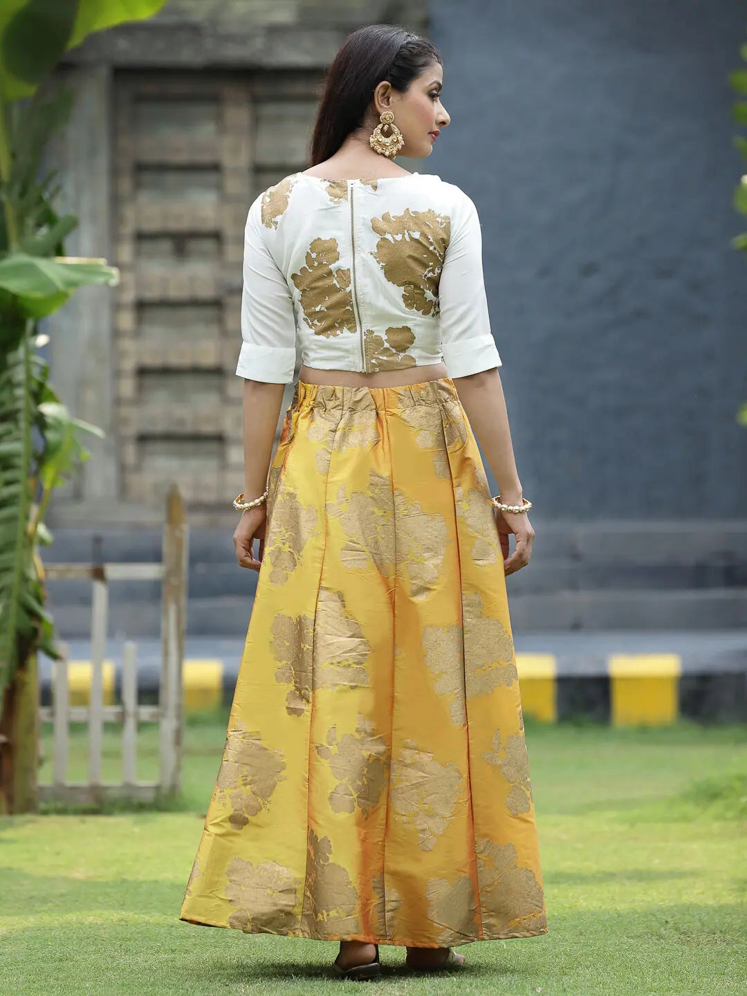 Mustard Dupion Printed Lehenga Choli Set | Women's Lehenga