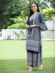 Women's Indigo Cambric Printed High-Low Kurta Sets
