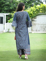Women's Indigo Cambric Printed High-Low Kurta Sets