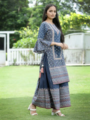 Women's Indigo Cambric Printed High-Low Kurta Sets