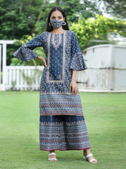 Women's Indigo Cambric Printed High-Low Kurta Sets