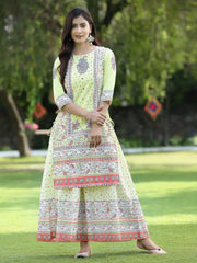 Women's Limegreen Cambric Printed Straight Kurta Sets