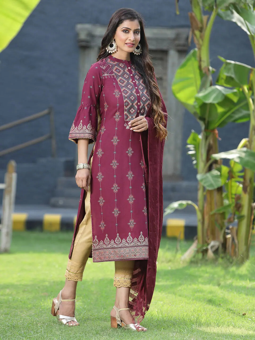 Wine Printed Kurta Dupatta Set | Women's Indian Kurtas