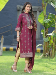 Women's Wine Bright Rayon Printed Straight Kurta Dupatta Set