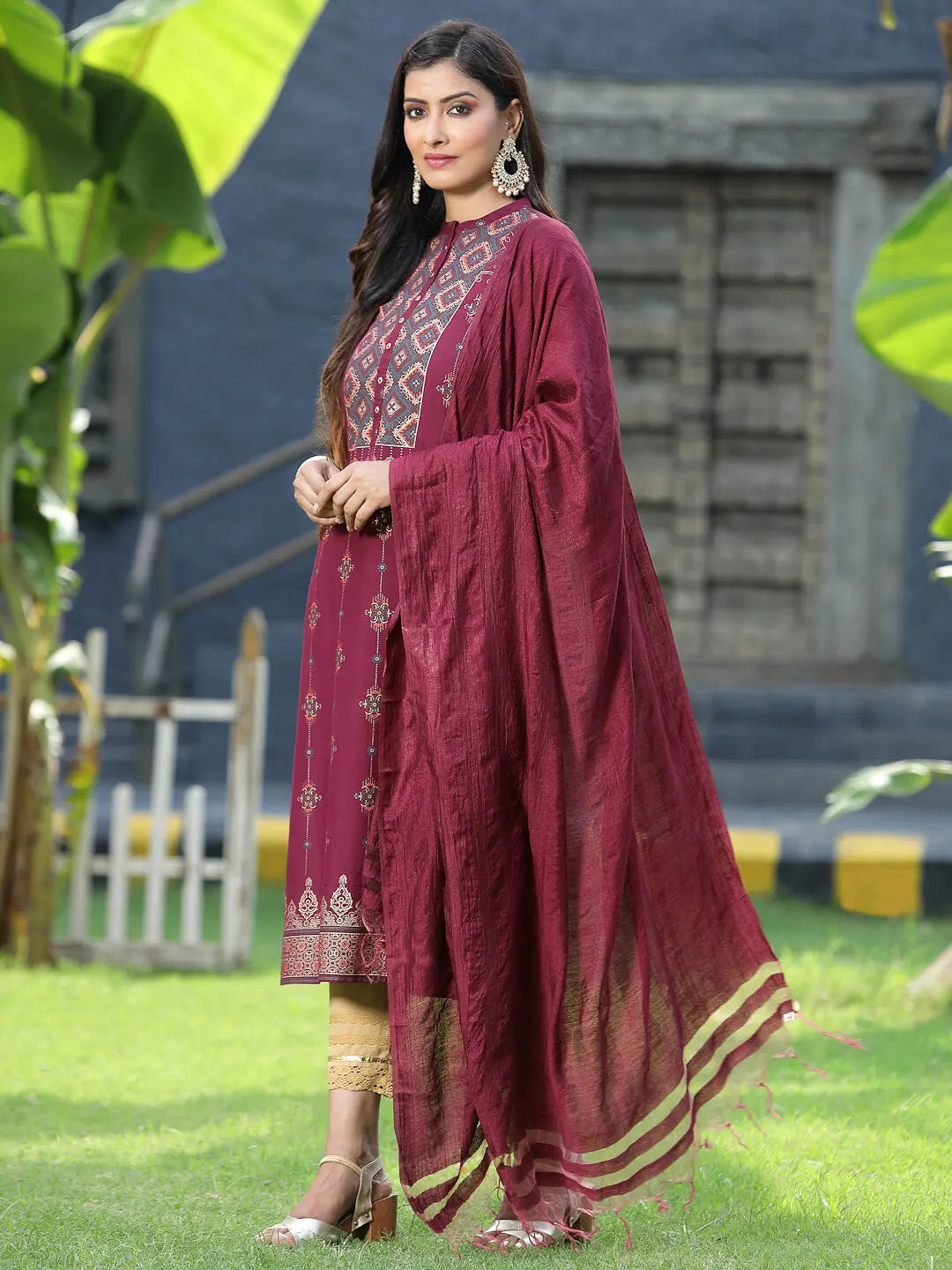 Wine Printed Kurta Dupatta Set | Women's Indian Kurtas