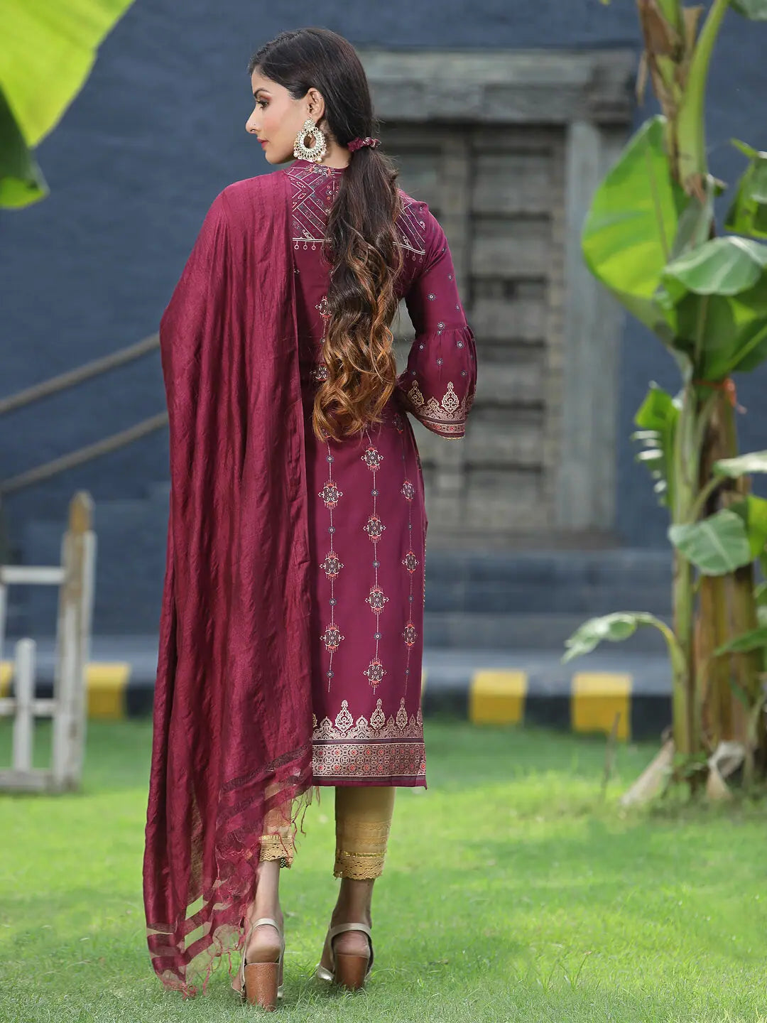 Wine Printed Kurta Dupatta Set | Women's Indian Kurtas