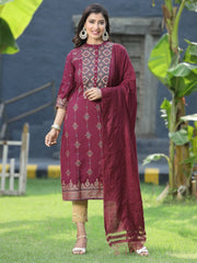 Women's Wine Bright Rayon Printed Straight Kurta Dupatta Set