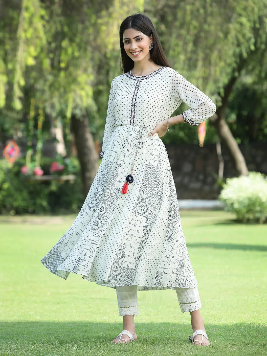 Ivory Printed Georgette Anarkali Kurti | Anarkali Dress for Women