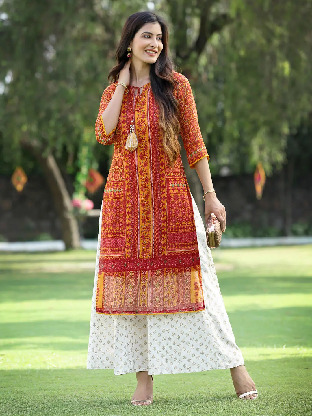 Mustard Floral Kurta | Women's Chiffon Indian Kurta Online