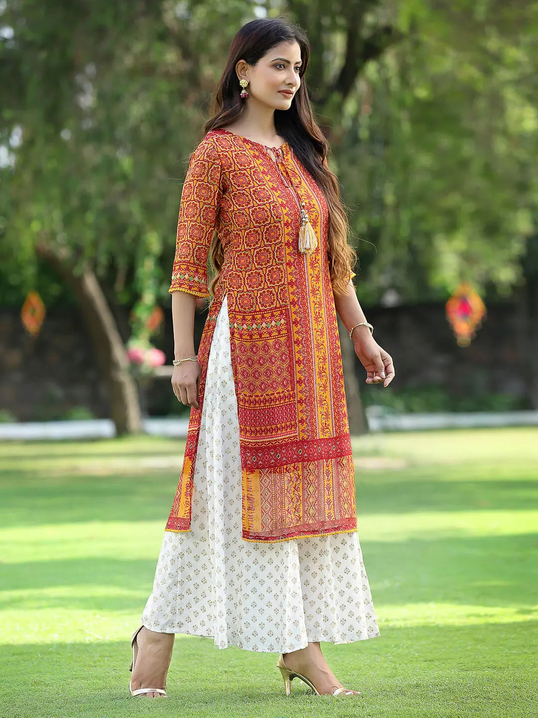 Mustard Floral Kurta | Women's Chiffon Indian Kurta Online
