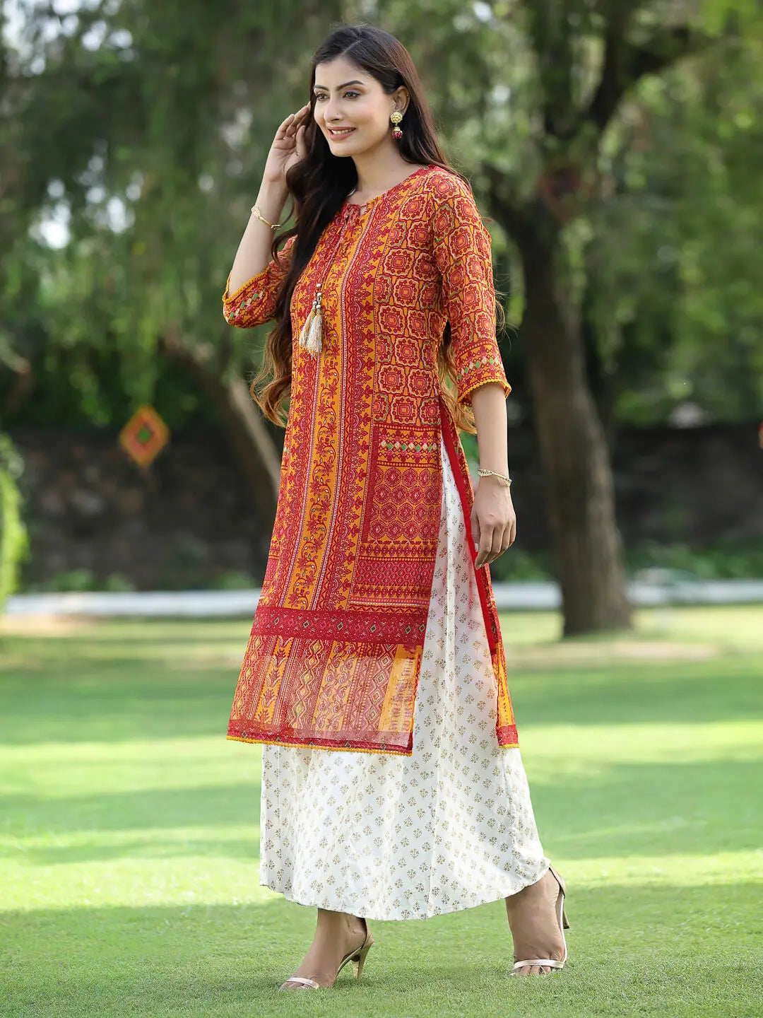 Mustard Floral Kurta | Women's Chiffon Indian Kurta Online