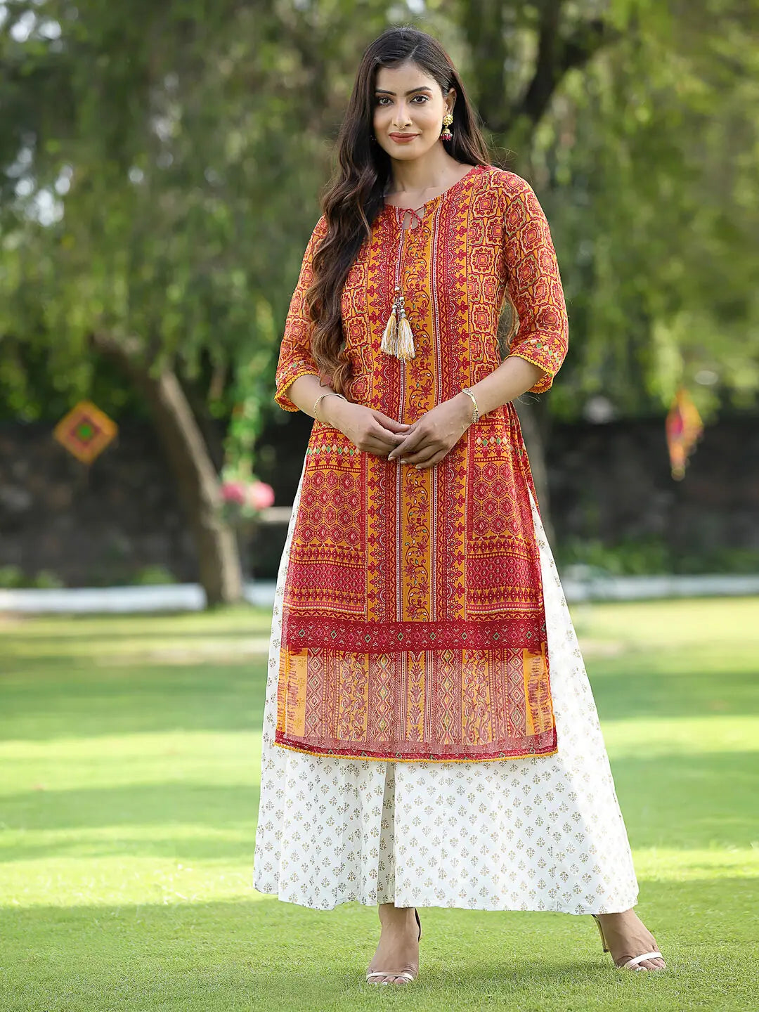 Mustard Floral Kurta | Women's Chiffon Indian Kurta Online
