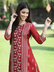 Women's Maroon Modal Chanderi Printed Straight Kurta