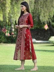 Women's Maroon Modal Chanderi Printed Straight Kurta
