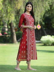 Women's Maroon Modal Chanderi Printed Straight Kurta