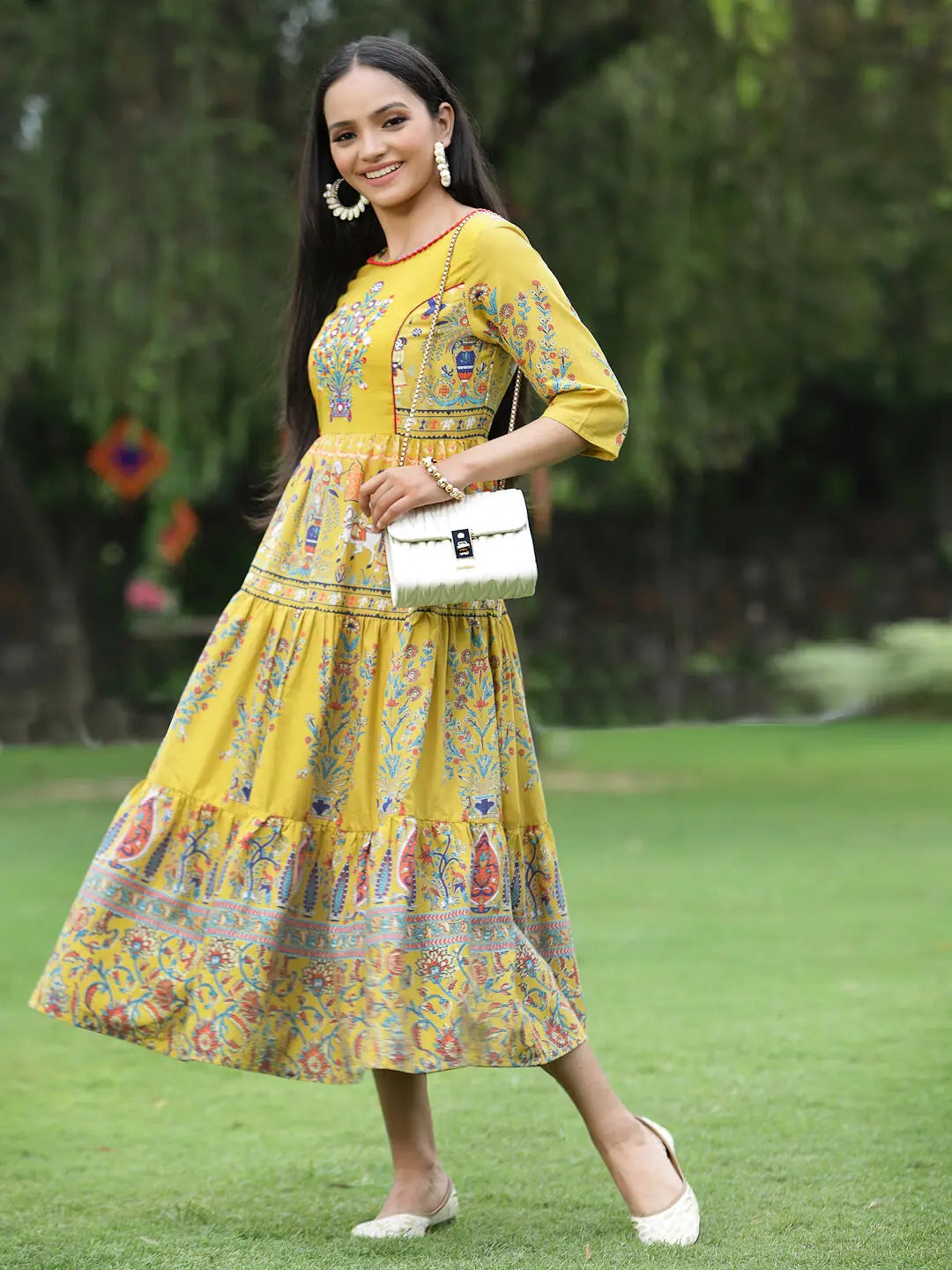 Mustard Cambric Printed Dress - Shop Indian Dresses Online!
