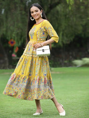 Women's Mustard Cambric Printed Tiered Dress