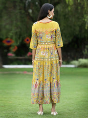 Women's Mustard Cambric Printed Tiered Dress