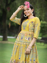 Women's Mustard Cambric Printed Tiered Dress