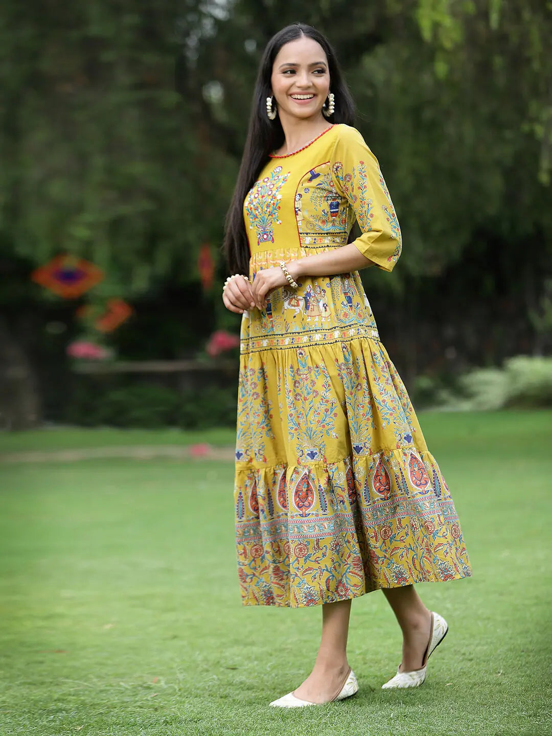 Mustard Cambric Printed Dress - Shop Indian Dresses Online!