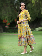 Women's Mustard Cambric Printed Tiered Dress