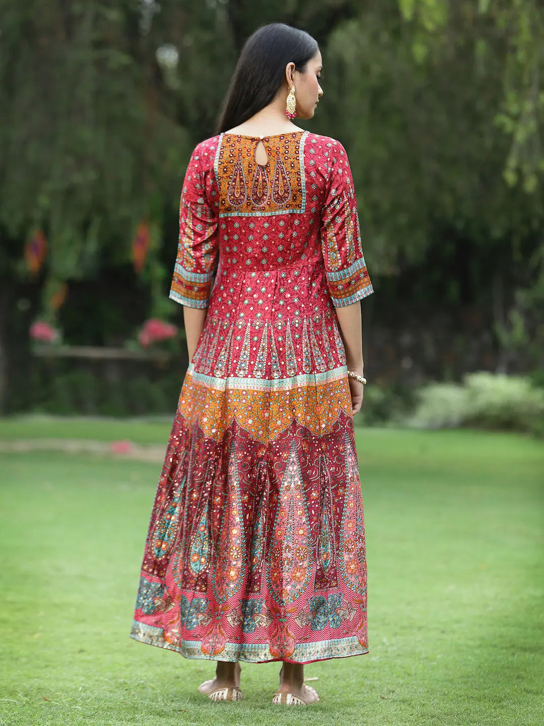 Maroon Satin Printed Anarkali Dress | Women's Anarkali Gown