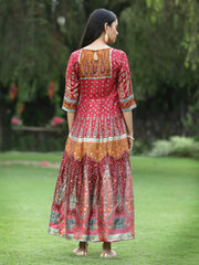Women's Maroon Dull Satin Printed Anarkali Dress