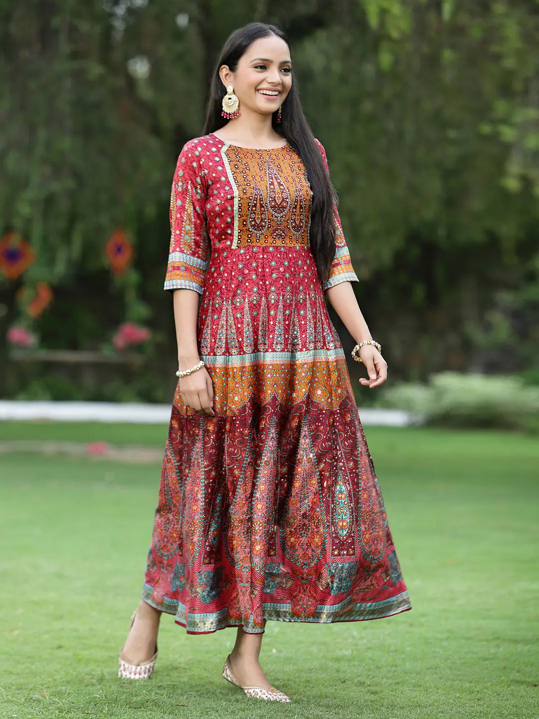 Maroon Satin Printed Anarkali Dress | Women's Anarkali Gown