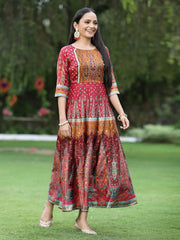 Women's Maroon Dull Satin Printed Anarkali Dress