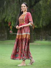 Women's Maroon Dull Satin Printed Anarkali Dress