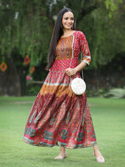 Women's Maroon Dull Satin Printed Anarkali Dress