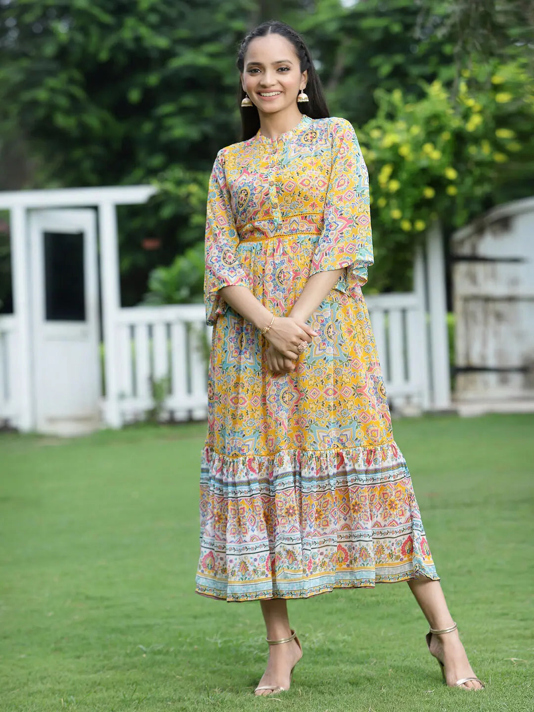 Women's Mustard Chiffon Printed Tiered Dress