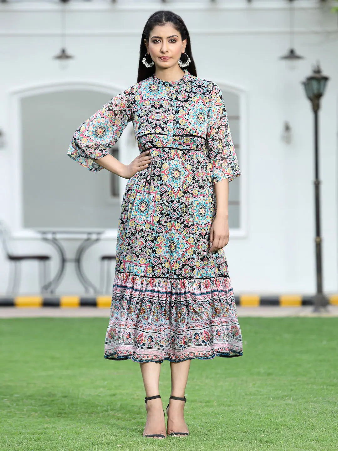 Women's Black Chiffon Printed Tiered Dress