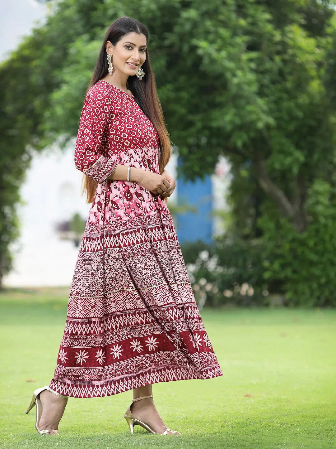 Maroon Printed Rayon Dress - Indian Dresses Online Sale