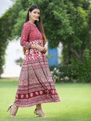 Women's Maroon Rayon Printed Western Flared Dress