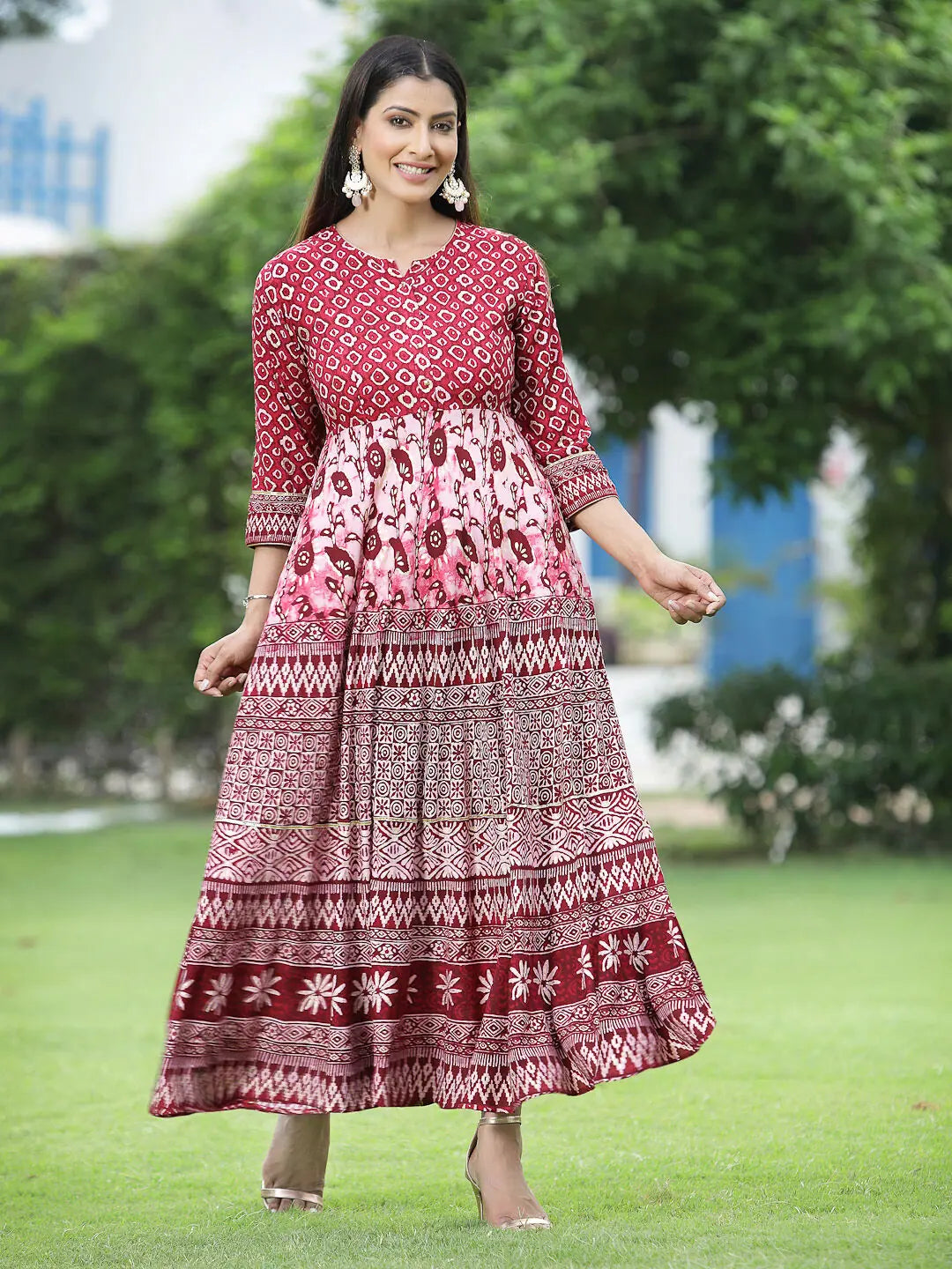 Maroon Printed Rayon Dress - Indian Dresses Online Sale