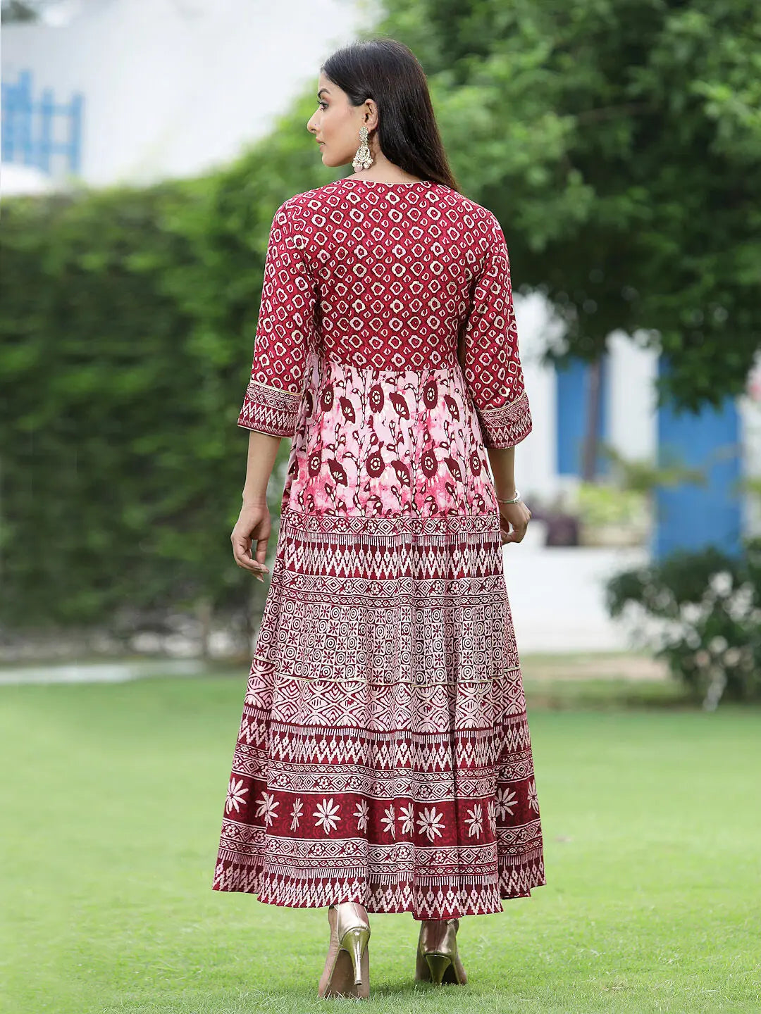 Maroon Printed Rayon Dress - Indian Dresses Online Sale