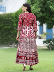 Women's Maroon Rayon Printed Western Flared Dress