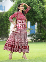 Women's Maroon Rayon Printed Western Flared Dress