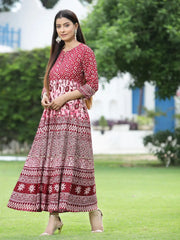 Women's Maroon Rayon Printed Western Flared Dress