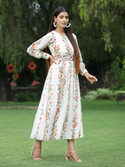 Women's Offwhite Chiffon Printed Flared Dress