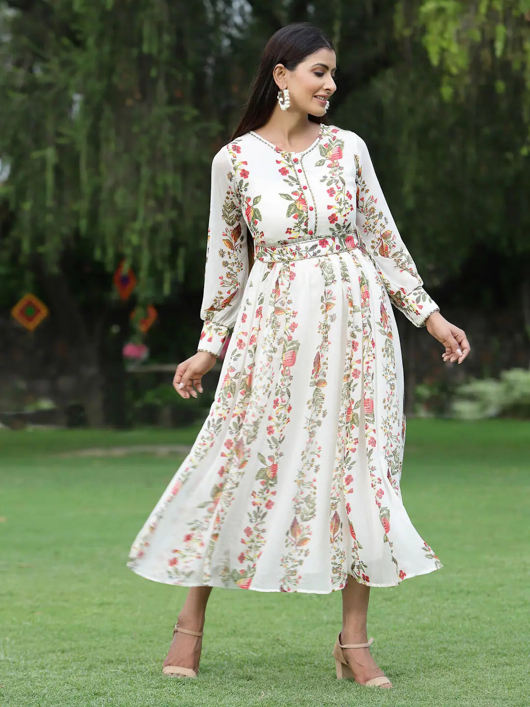 Women's Offwhite Chiffon Printed Flared Dress