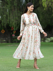 Women's Offwhite Chiffon Printed Flared Dress