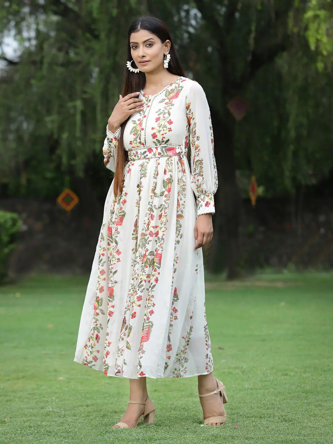 Offwhite Printed Chiffon Dress - Indian Dresses Online Shop